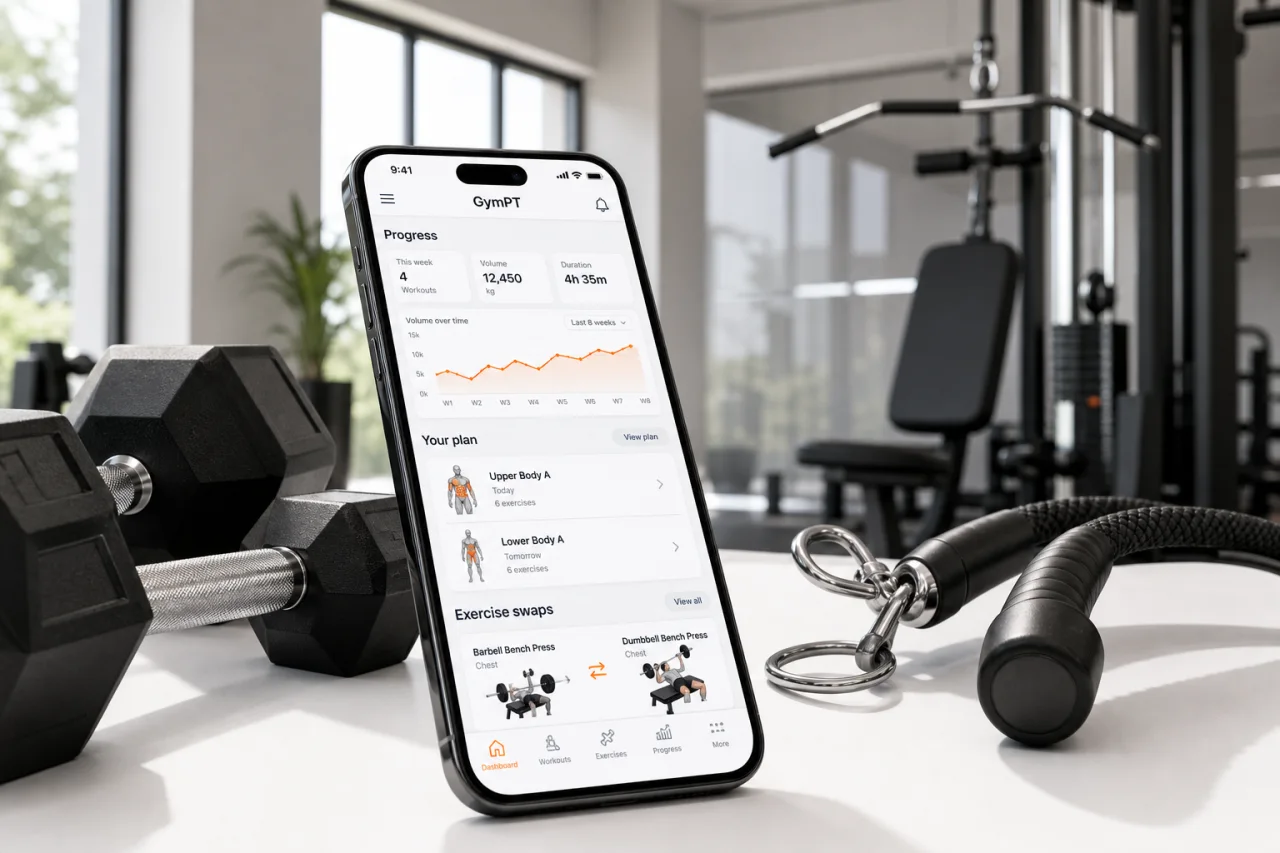 GymPT progress tracking beside gym equipment