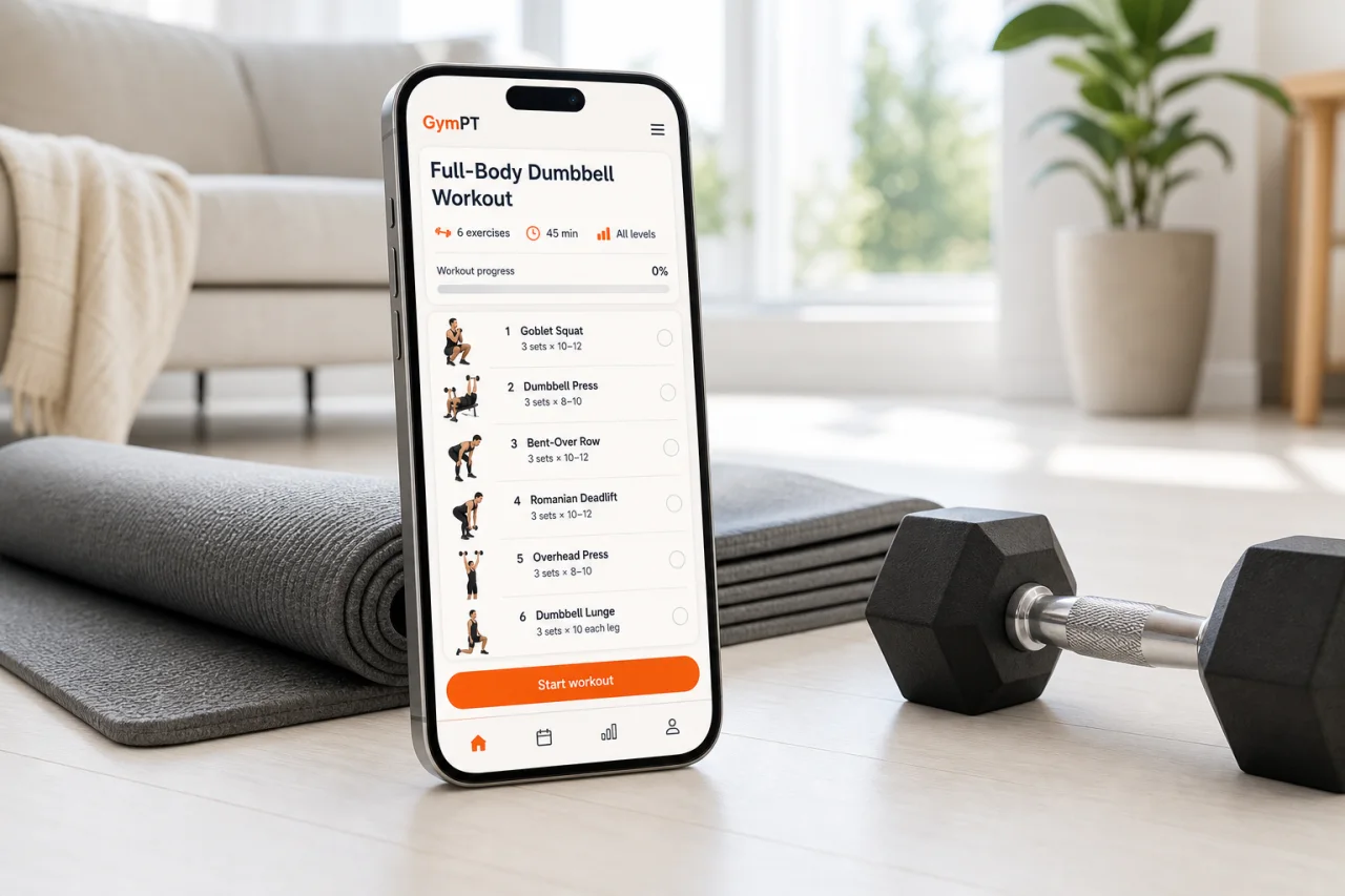 Compact home dumbbell workout setup with GymPT app