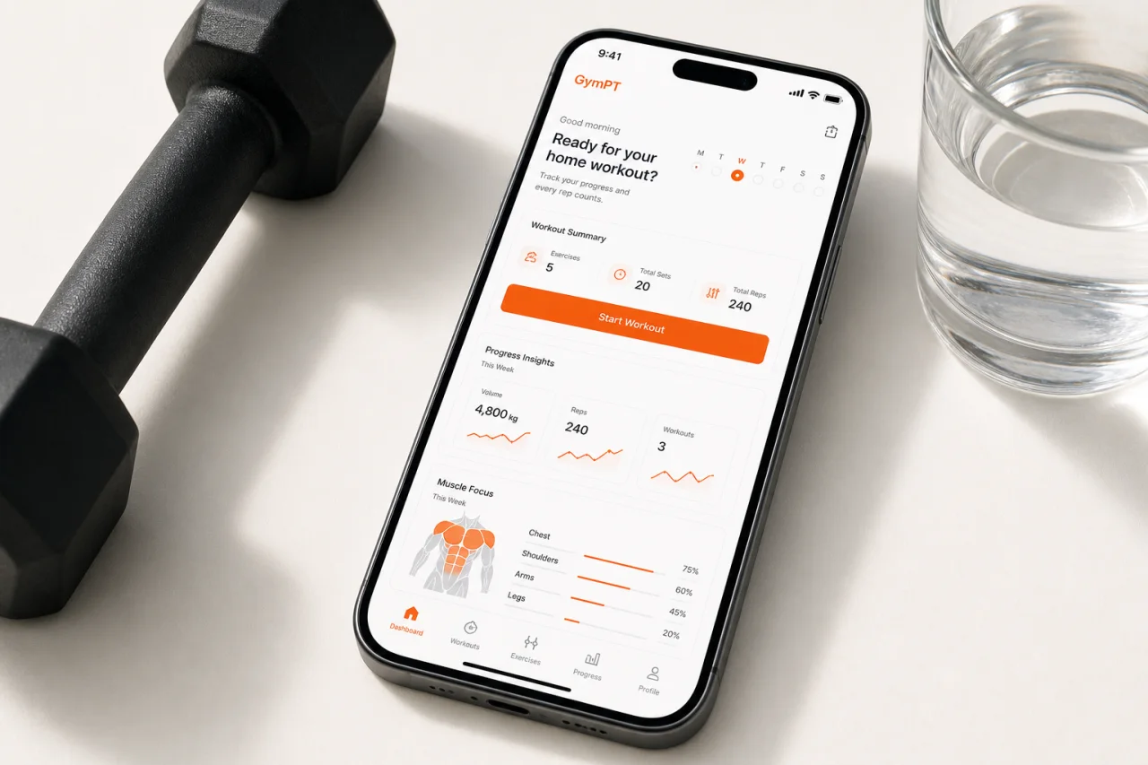 GymPT workout tracking and progress insights on a phone