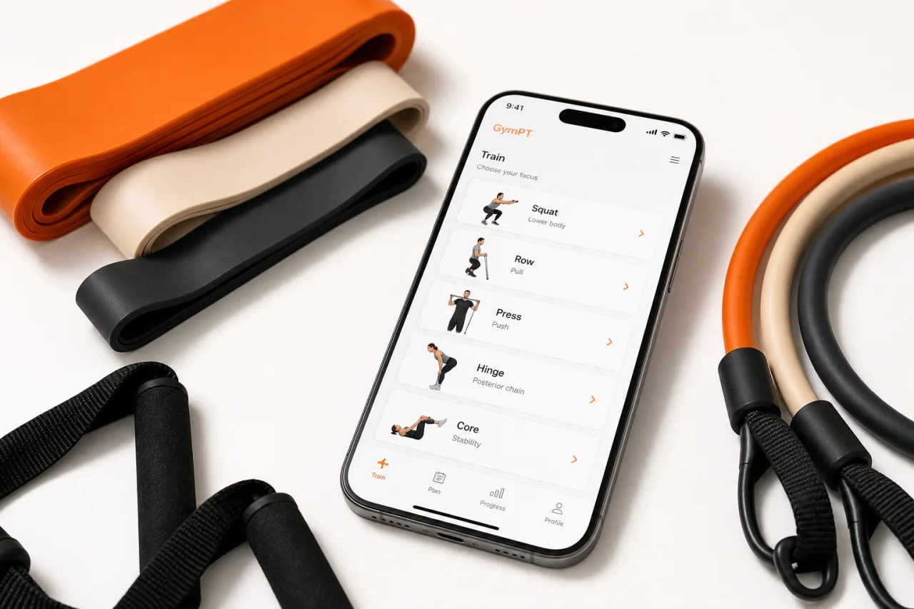 GymPT app showing resistance band exercise choices