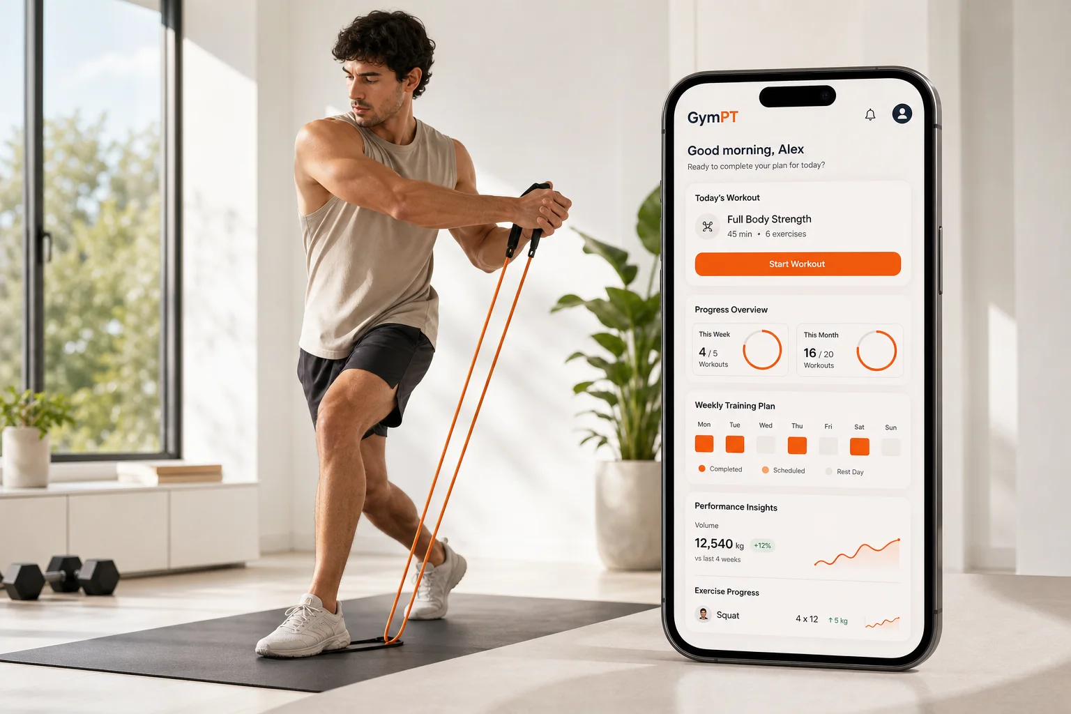 GymPT resistance band workout app visual in a bright home gym