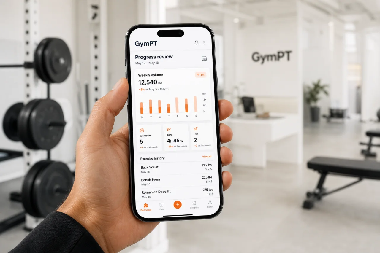 GymPT progress dashboard with weekly volume trends