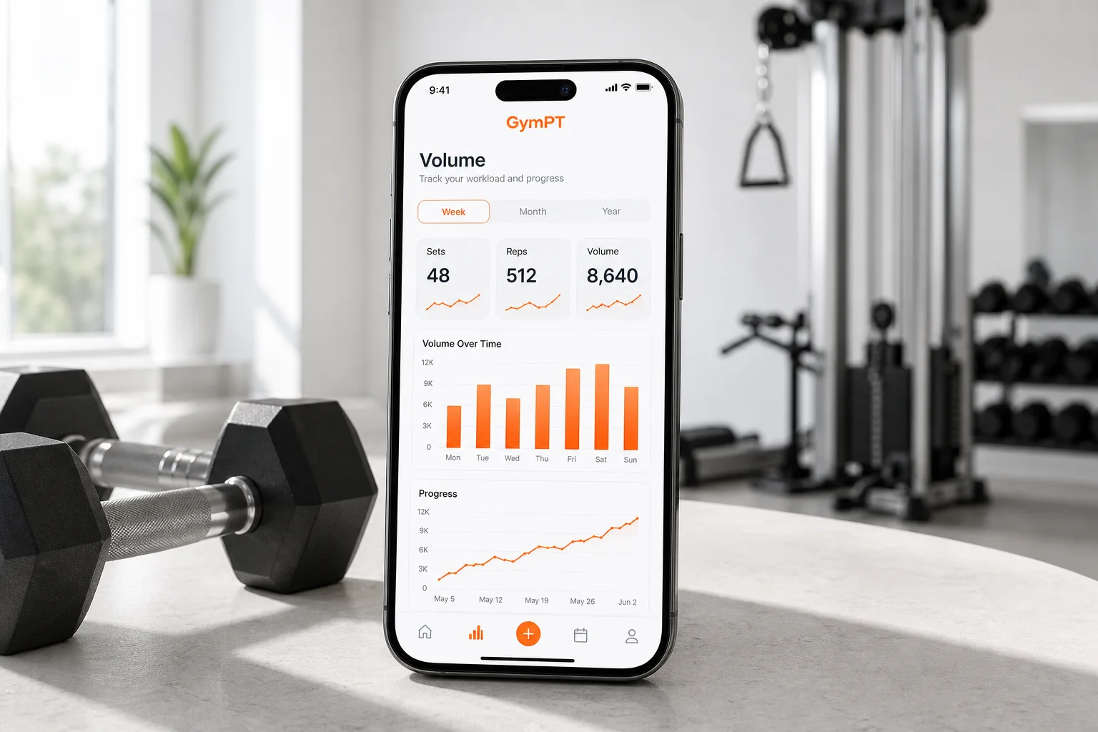 GymPT app showing workout volume tracking and progress insights