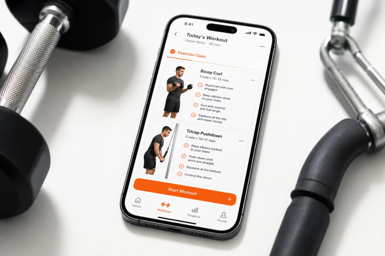GymPT workout card with arm exercise cues on a smartphone