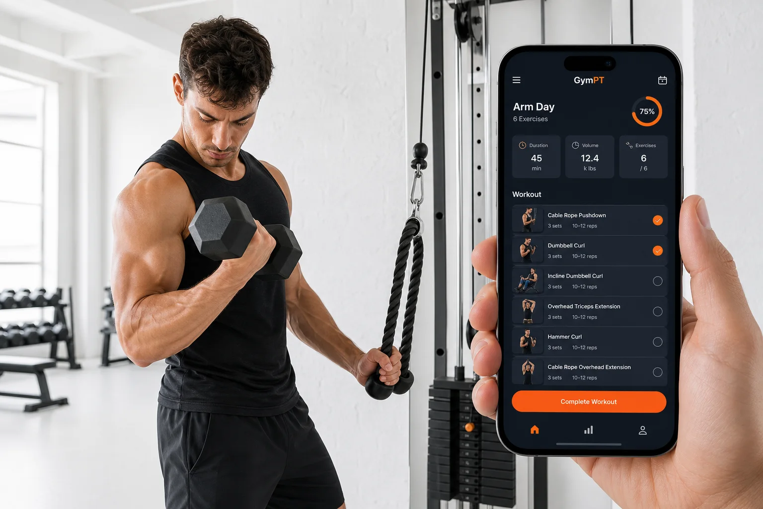 GymPT arm workout plan shown on a smartphone in a bright modern gym
