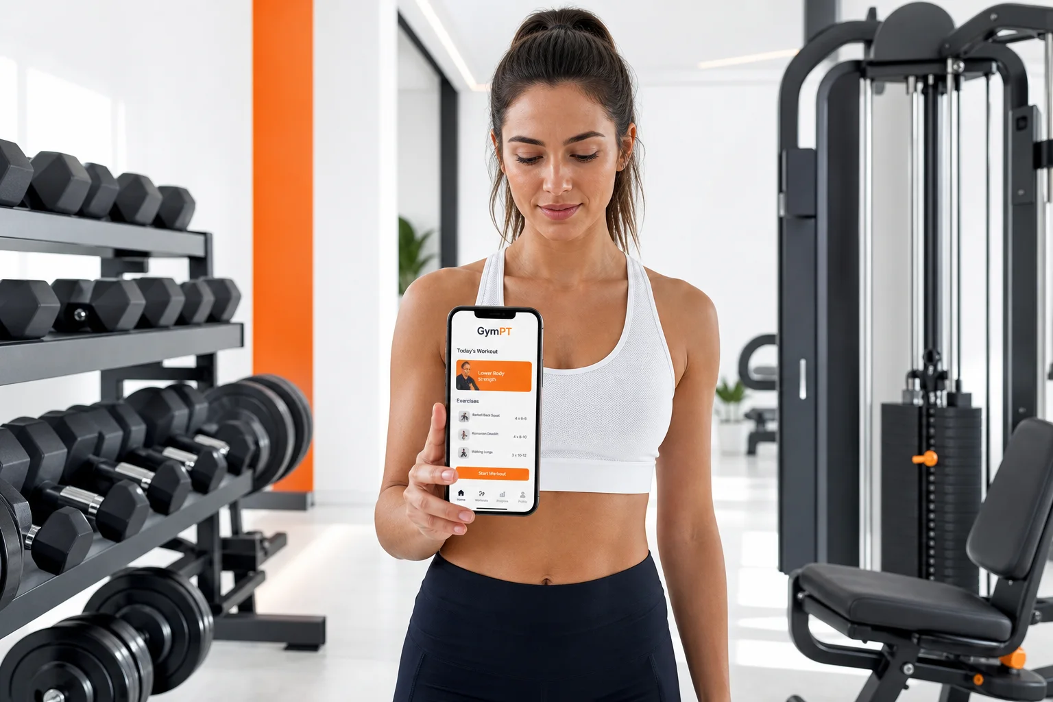 GymPT workout plan comparing free weights and machines on a smartphone in a modern gym