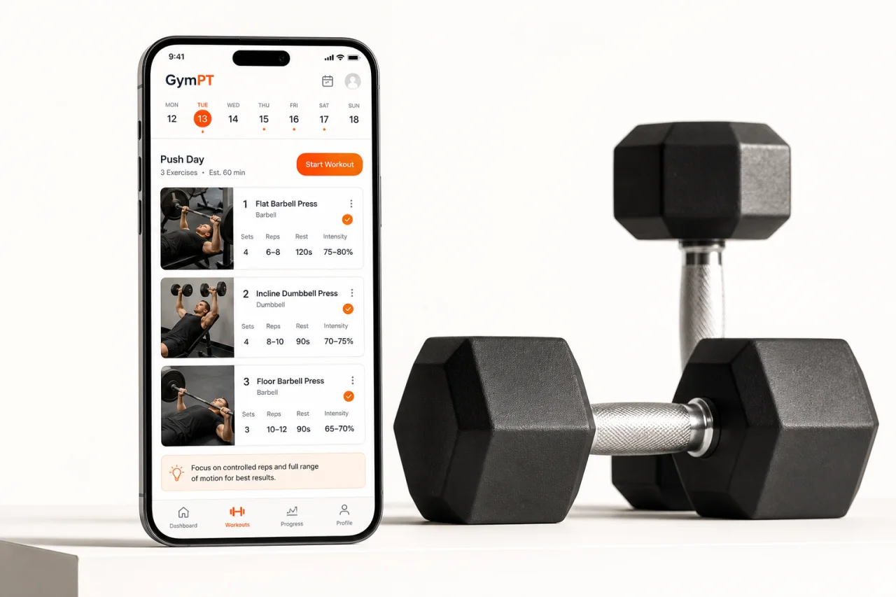 GymPT dumbbell chest workout plan interface