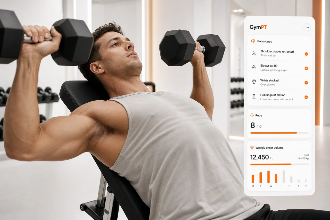 GymPT dumbbell press form cues and progress tracking