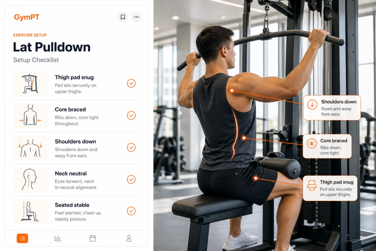 Correct lat pulldown setup cues