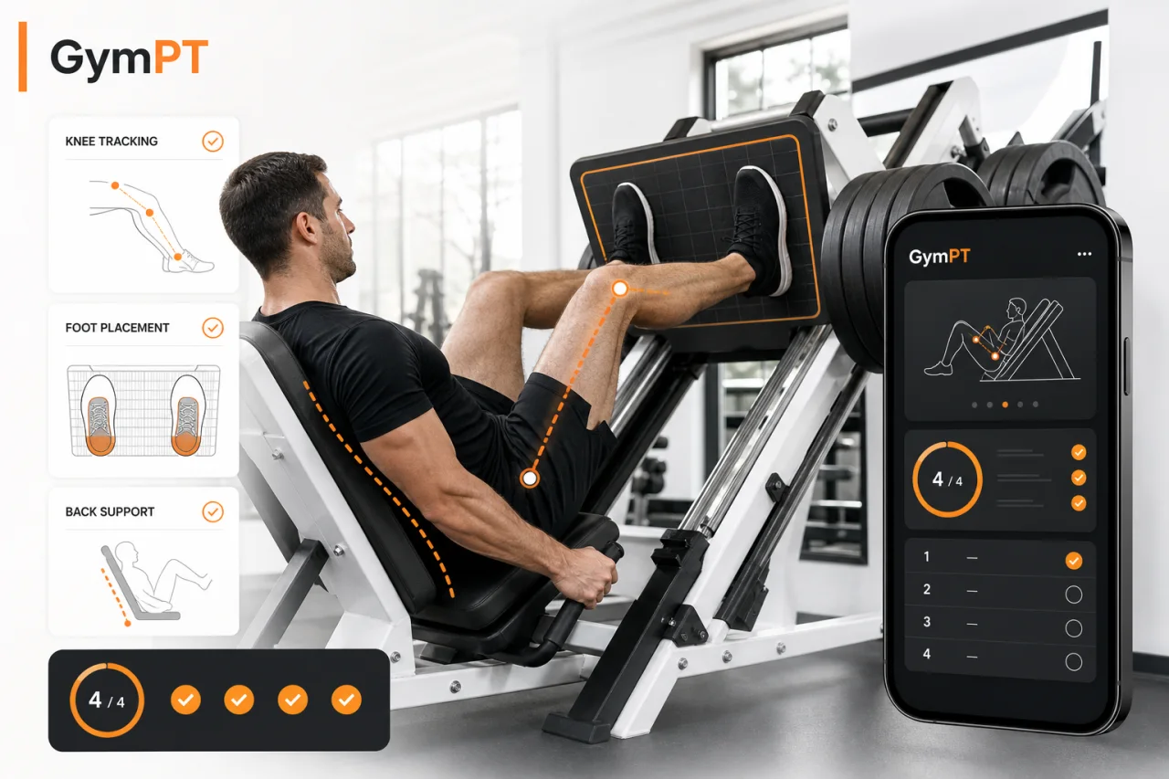 Leg press setup cues with knee tracking and foot placement
