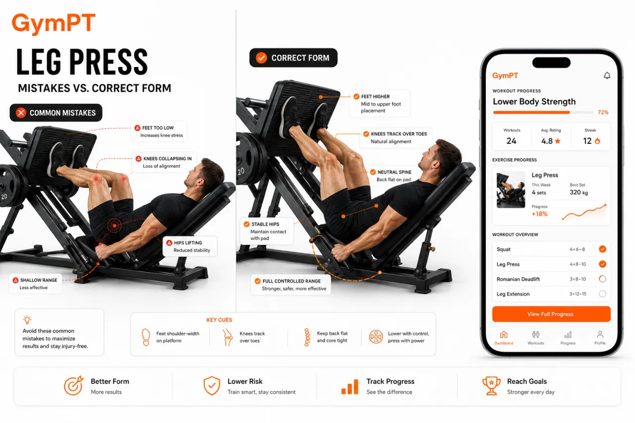 Common leg press mistakes and corrected form in GymPT style