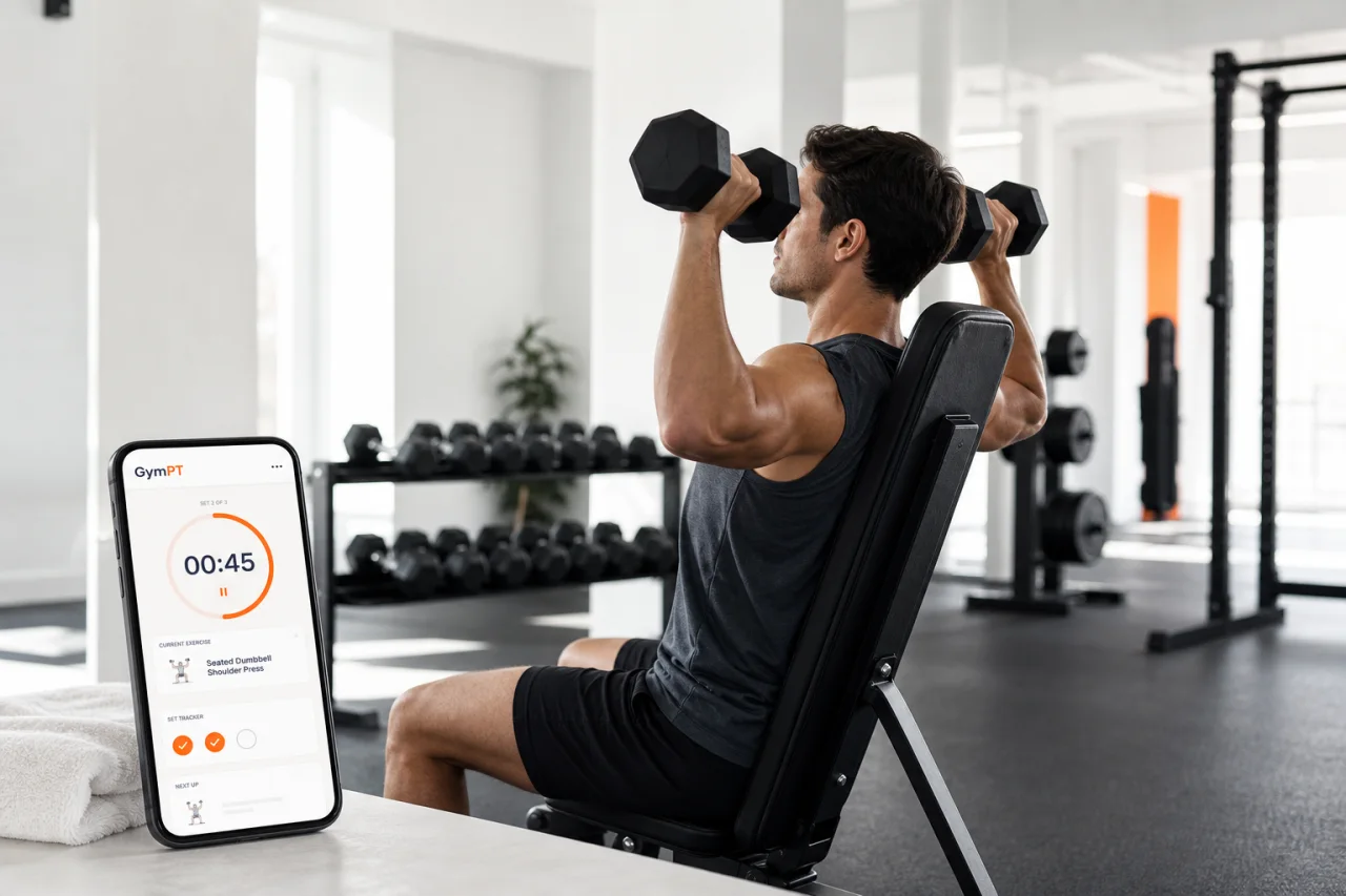 Seated dumbbell shoulder press with GymPT workout tracking on phone