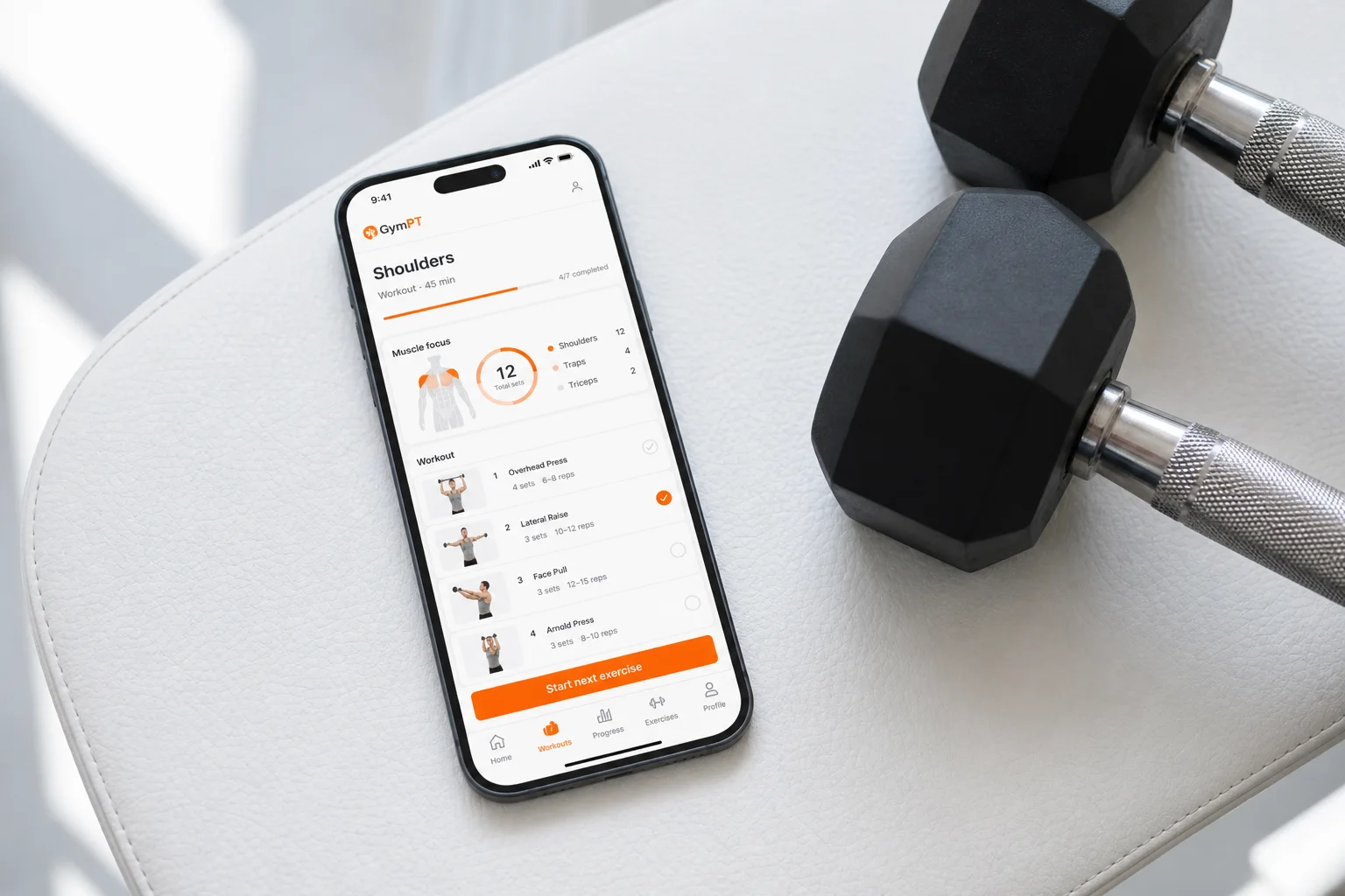 GymPT shoulder workout planning screen with dumbbells in a premium gym setting