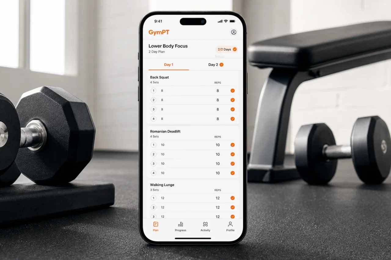GymPT app lower body workout plan and tracking visual