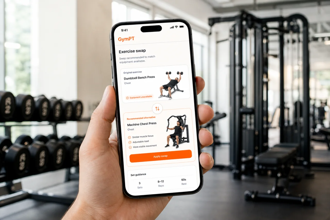 GymPT app showing an exercise swap between dumbbells and machines