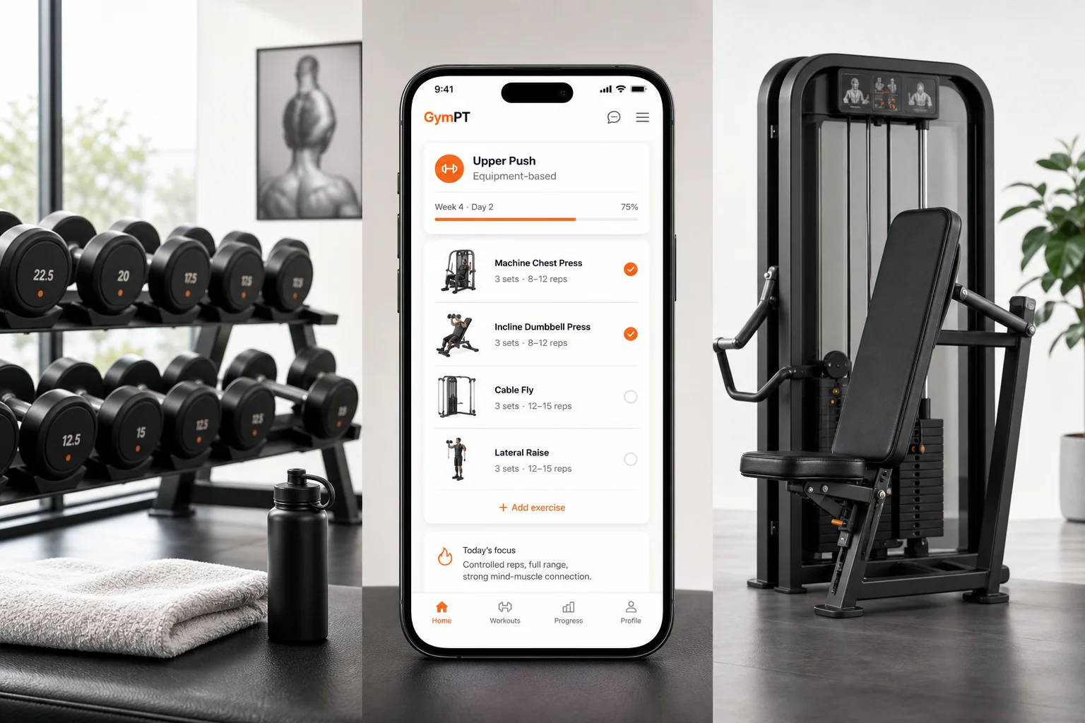 GymPT app visual comparing dumbbells and machine training