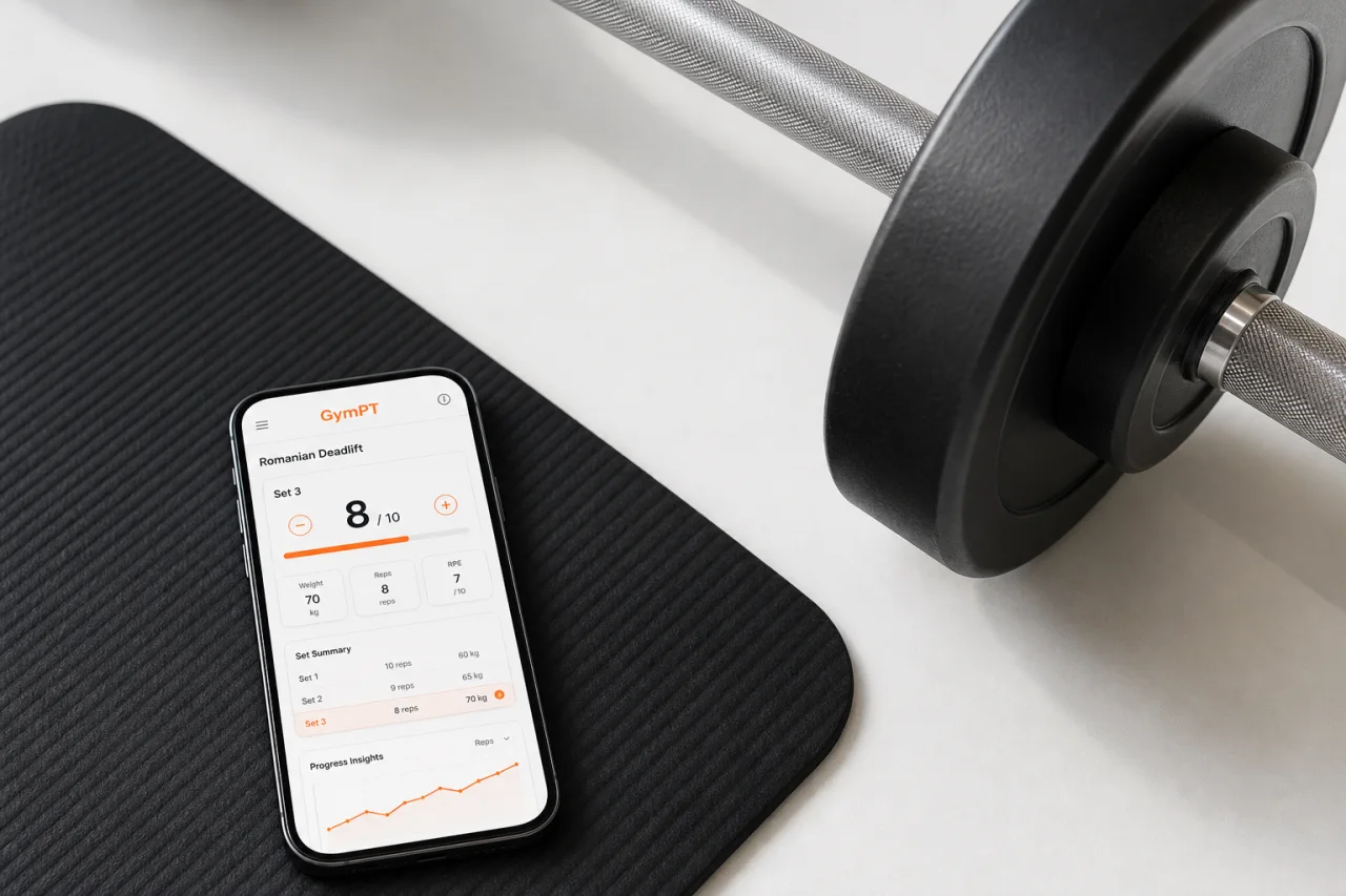 GymPT workout tracking screen beside dumbbells for glute training