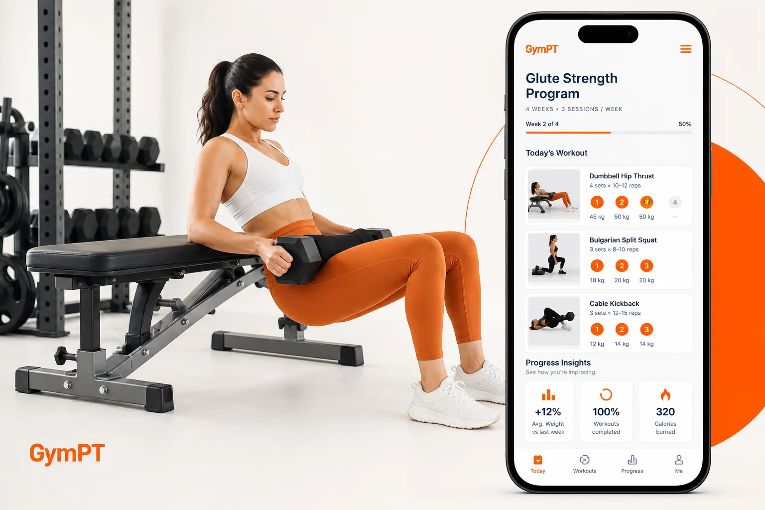 GymPT app visual showing a dumbbell glute workout plan in a modern gym