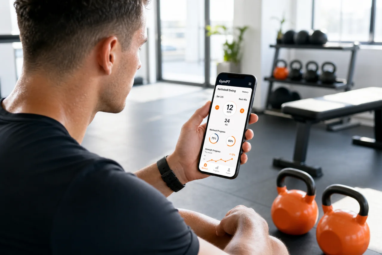 GymPT kettlebell workout tracking on mobile