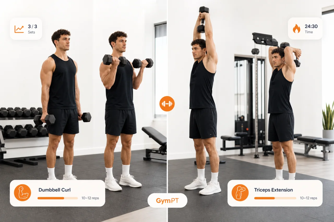 Correct dumbbell curl and triceps extension form with GymPT styling