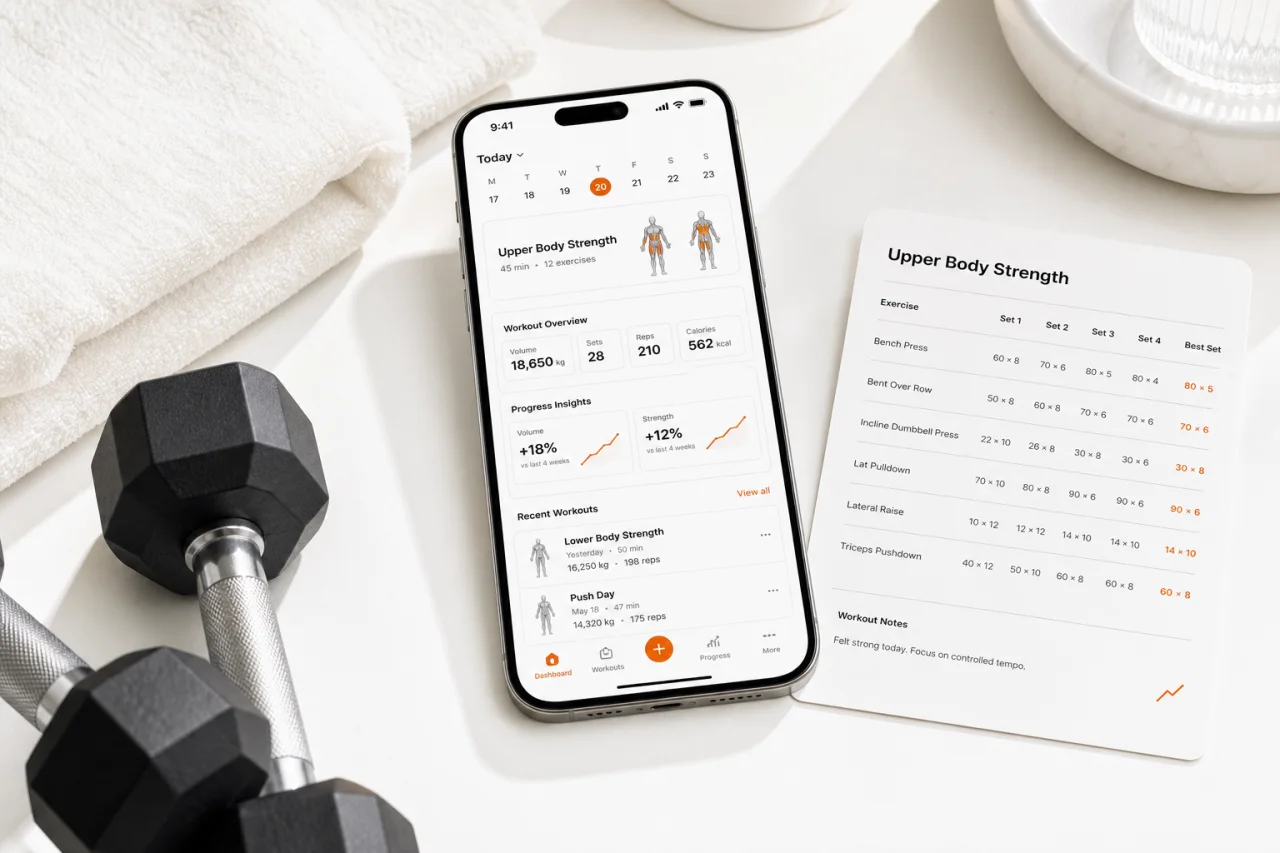 GymPT workout tracking screen with dumbbells and progress log