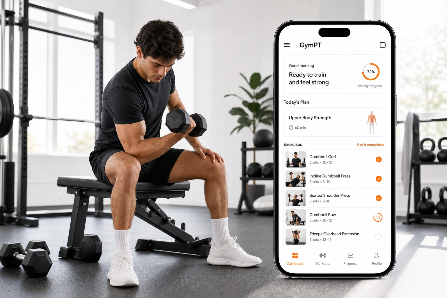 GymPT app beside a dumbbell arm workout in a clean modern gym