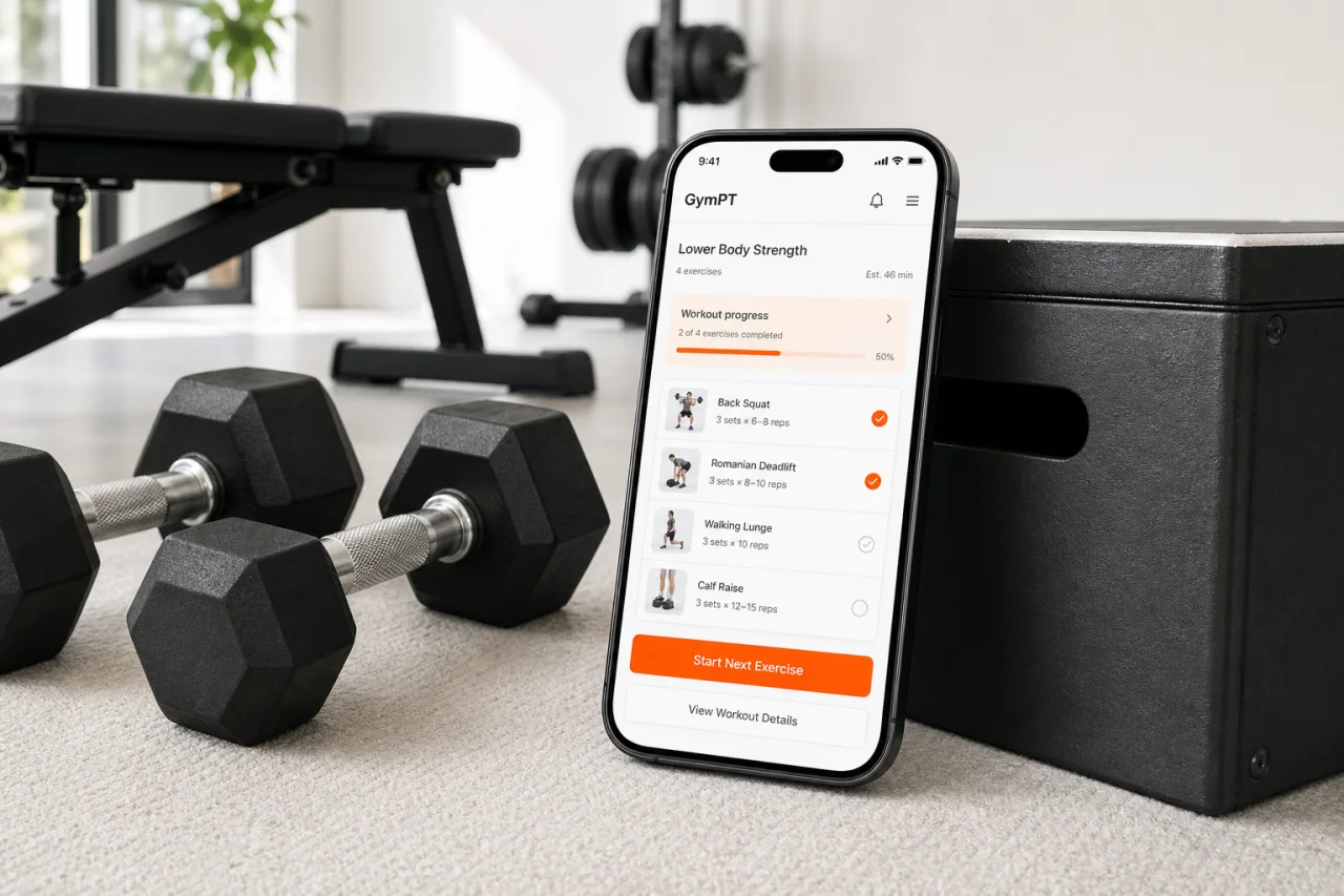 GymPT workout planning screen for a dumbbell leg day