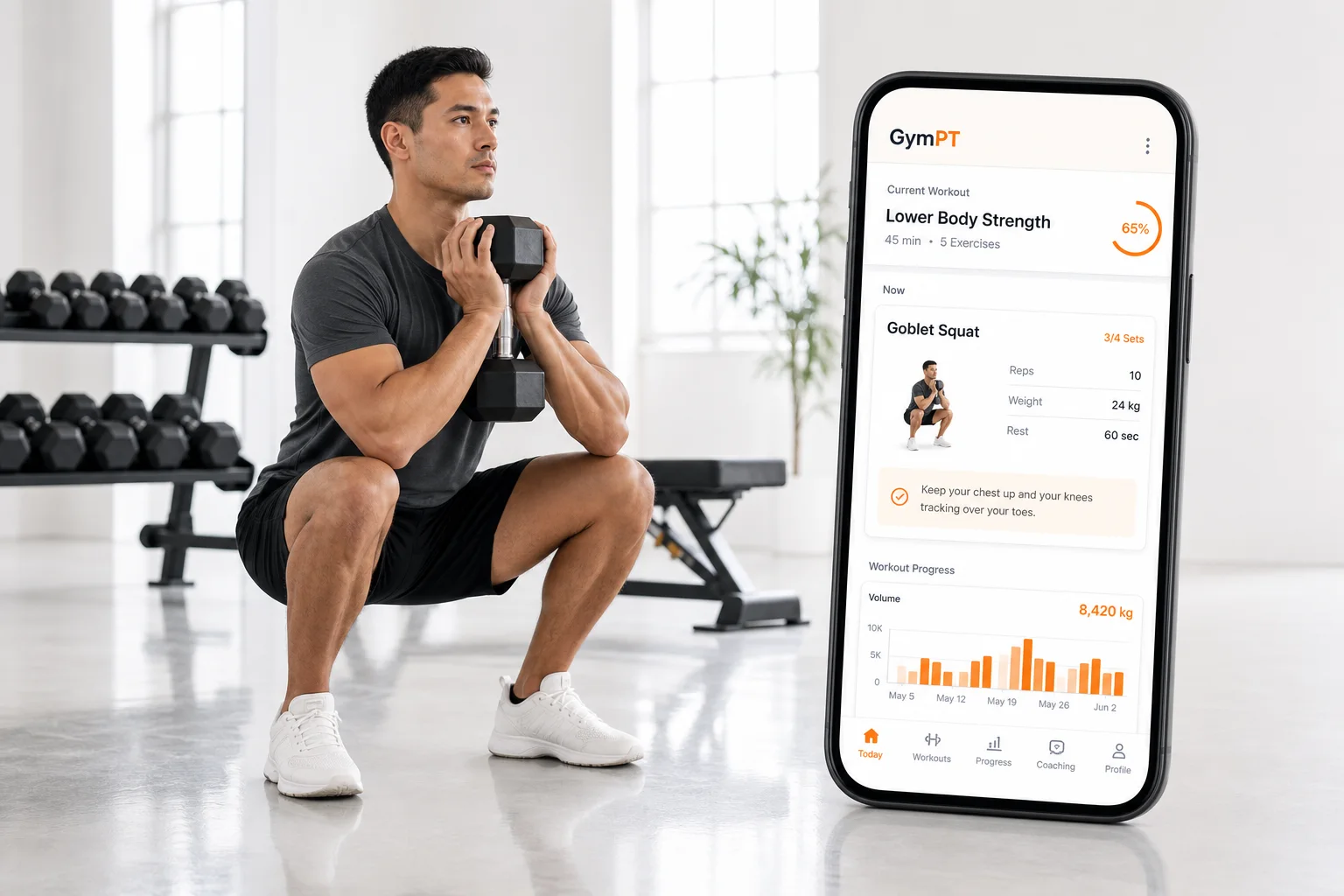 GymPT app and athlete demonstrating a dumbbell goblet squat