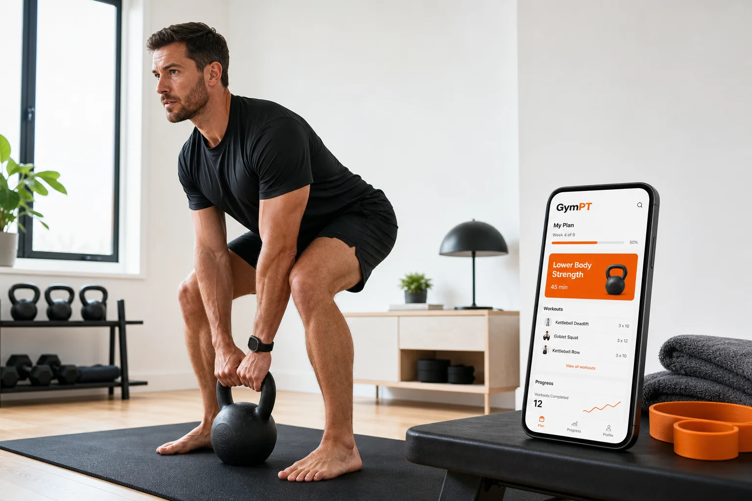 GymPT home workout with kettlebell in a clean small-space setting