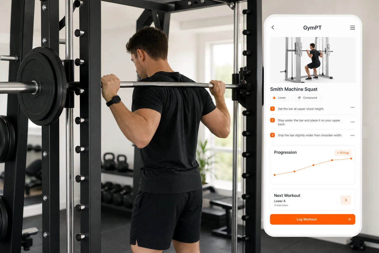 Smith machine squat setup with GymPT app guidance