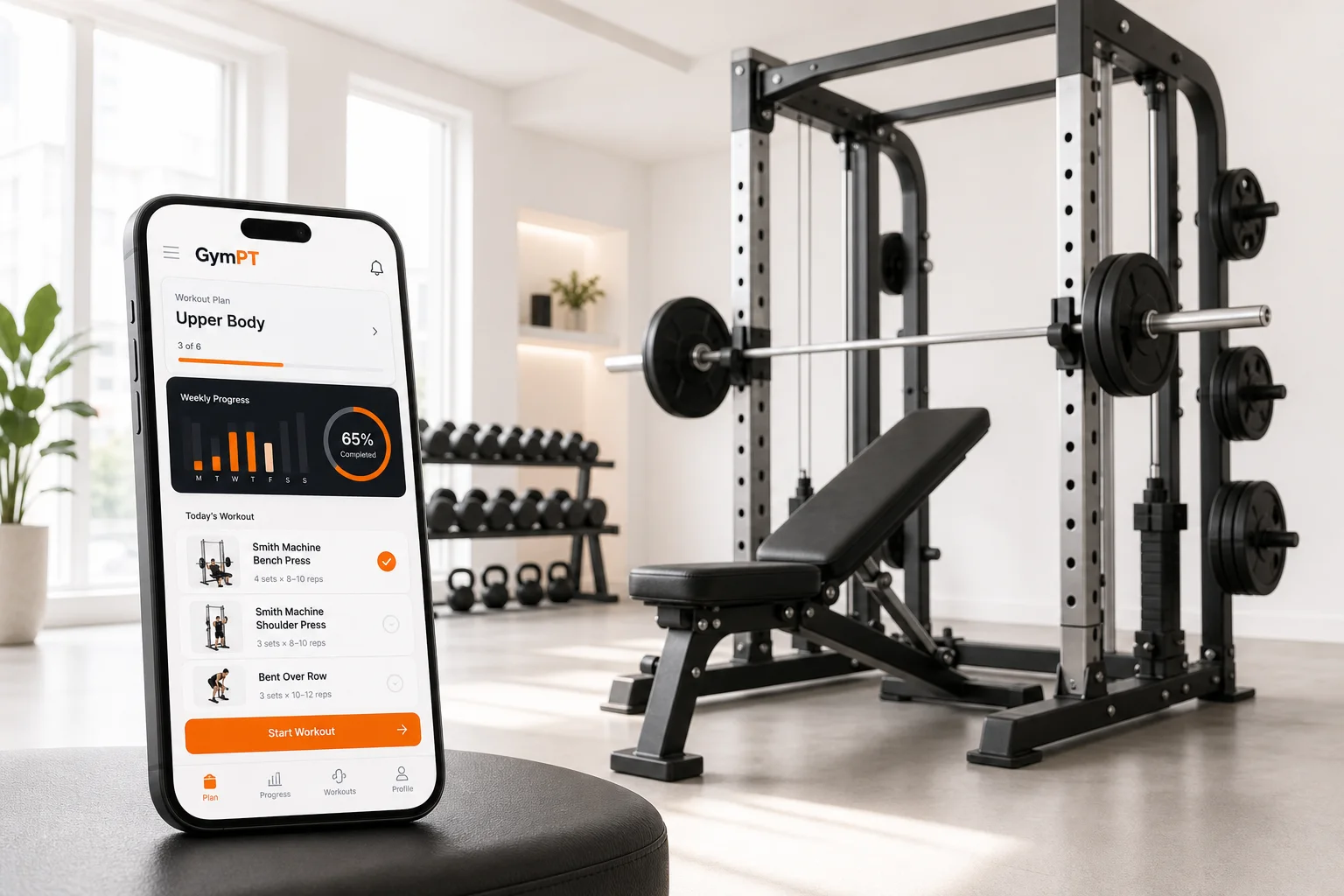 GymPT app showing a full body Smith machine workout plan in a modern gym