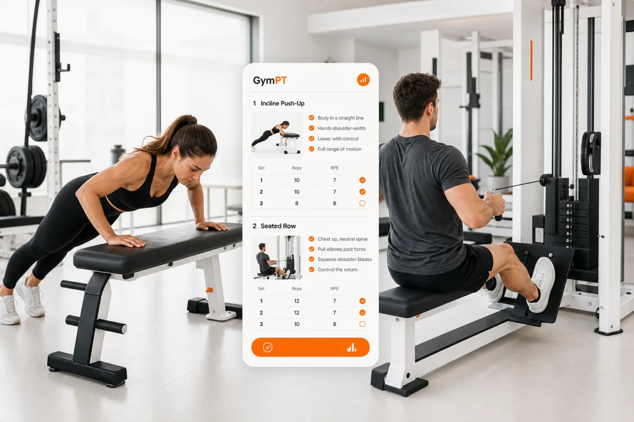 Beginner-friendly push and pull exercises with GymPT coaching overlay