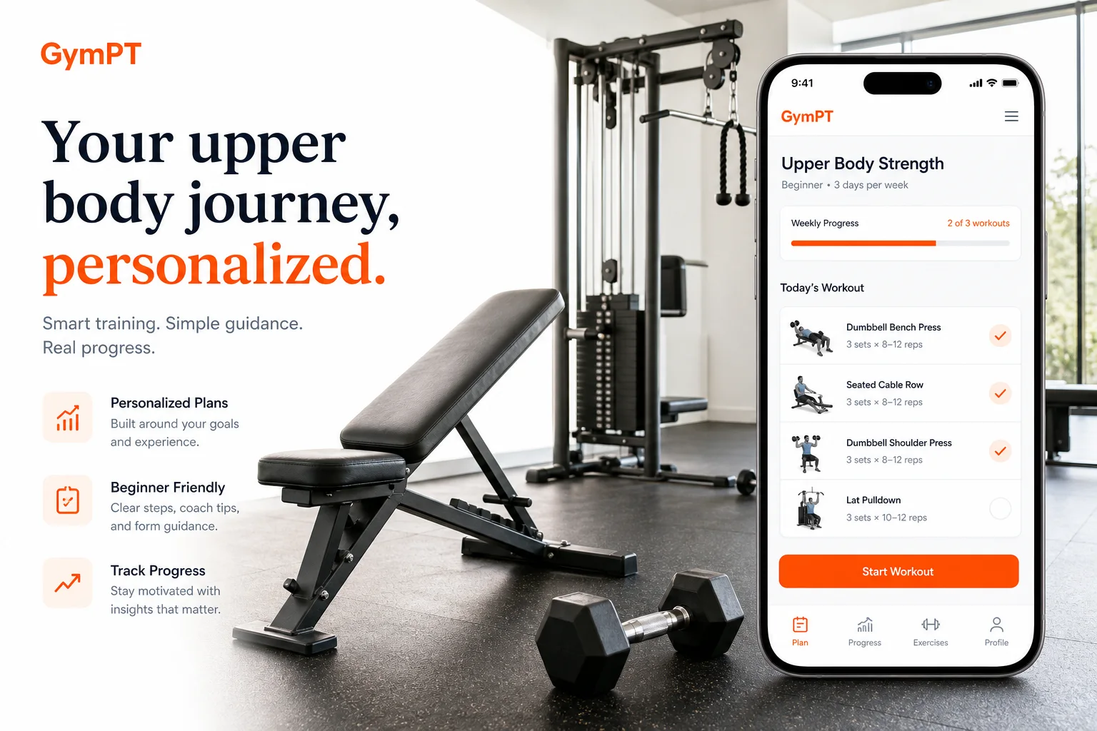 GymPT app showing a beginner upper body workout plan in a clean modern gym