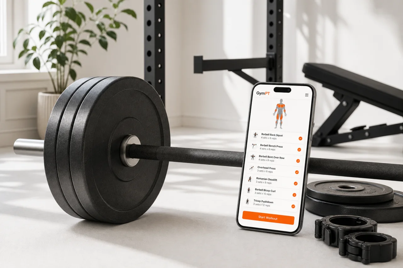Small-space barbell workout setup with GymPT plan