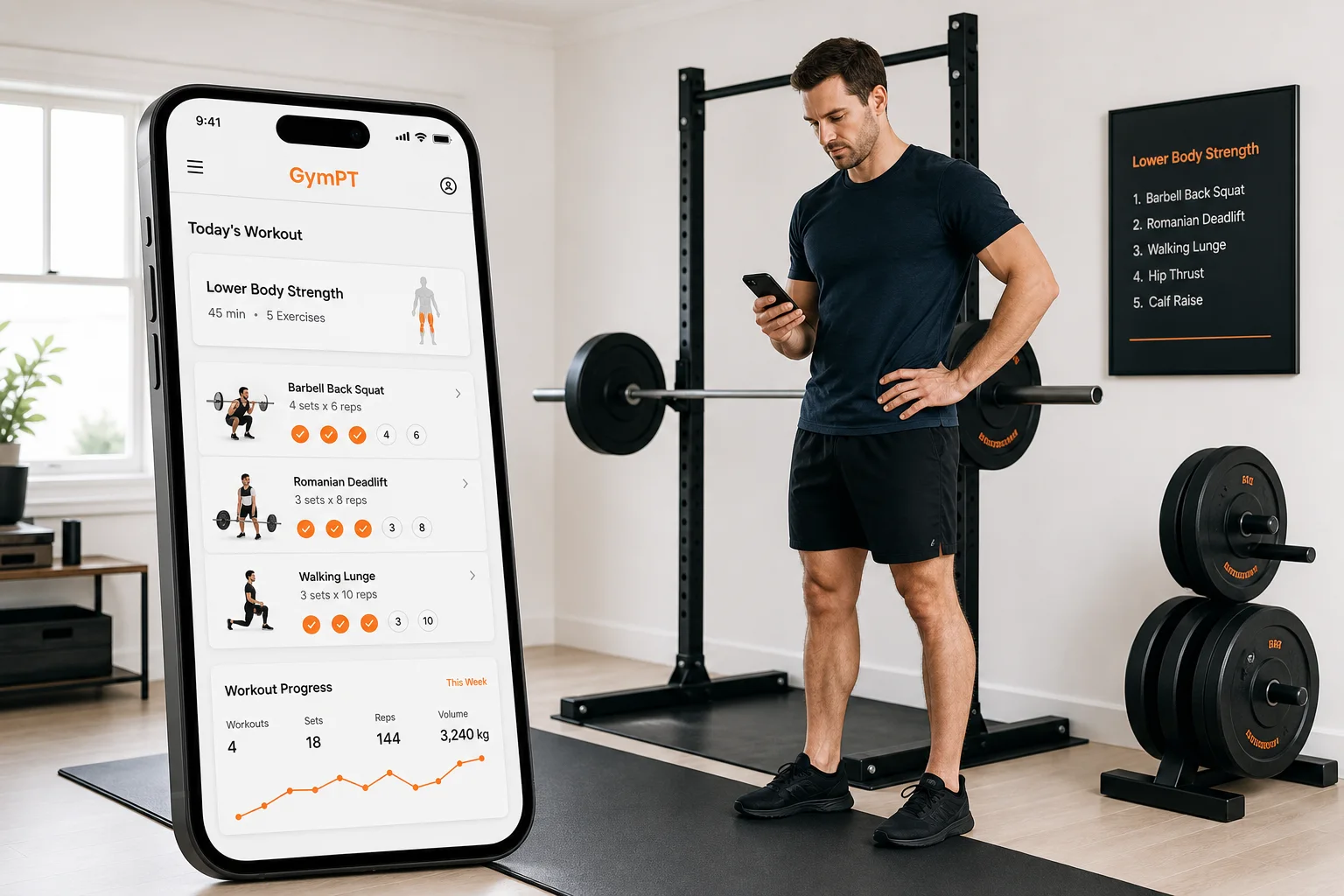GymPT home workout with barbell setup and app interface