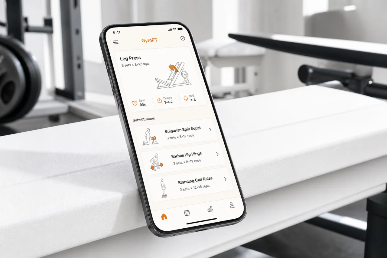 GymPT workout planner suggesting exercises around a leg press machine