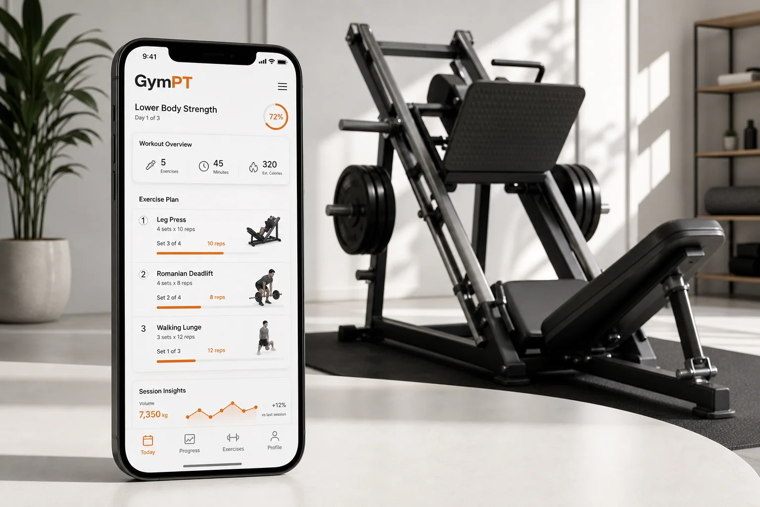 GymPT app showing a home leg press workout plan beside a modern leg press machine