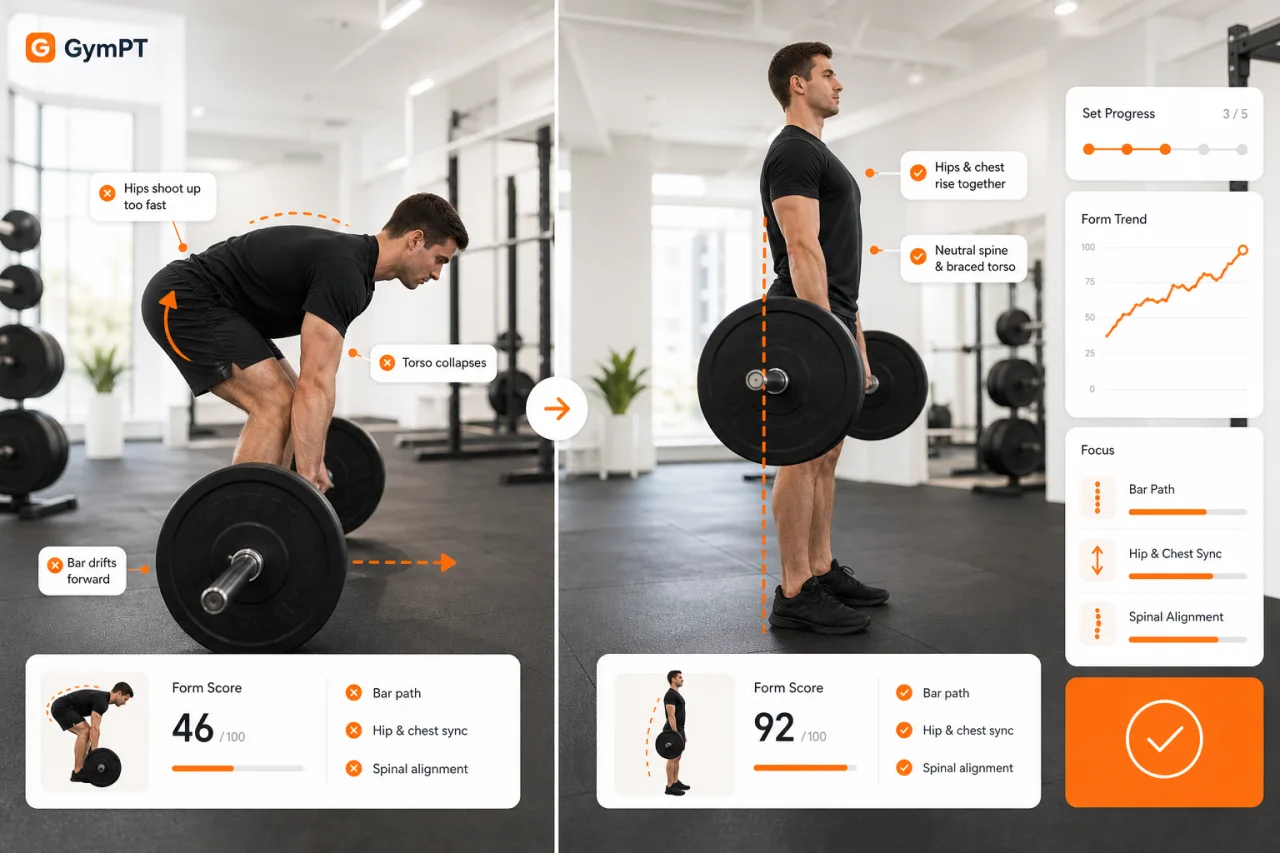 Deadlift mistakes and fixes comparison graphic for GymPT