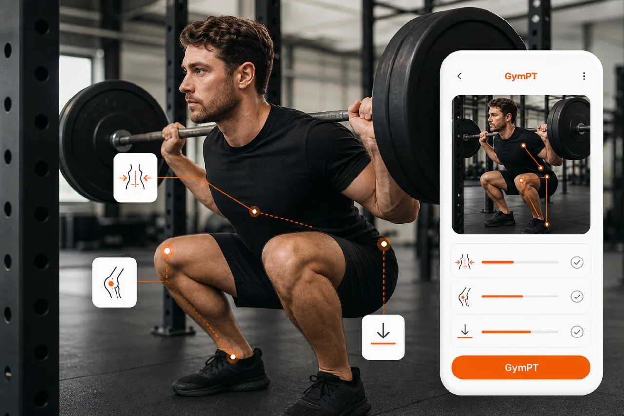 GymPT squat form cues shown in a premium editorial app visual