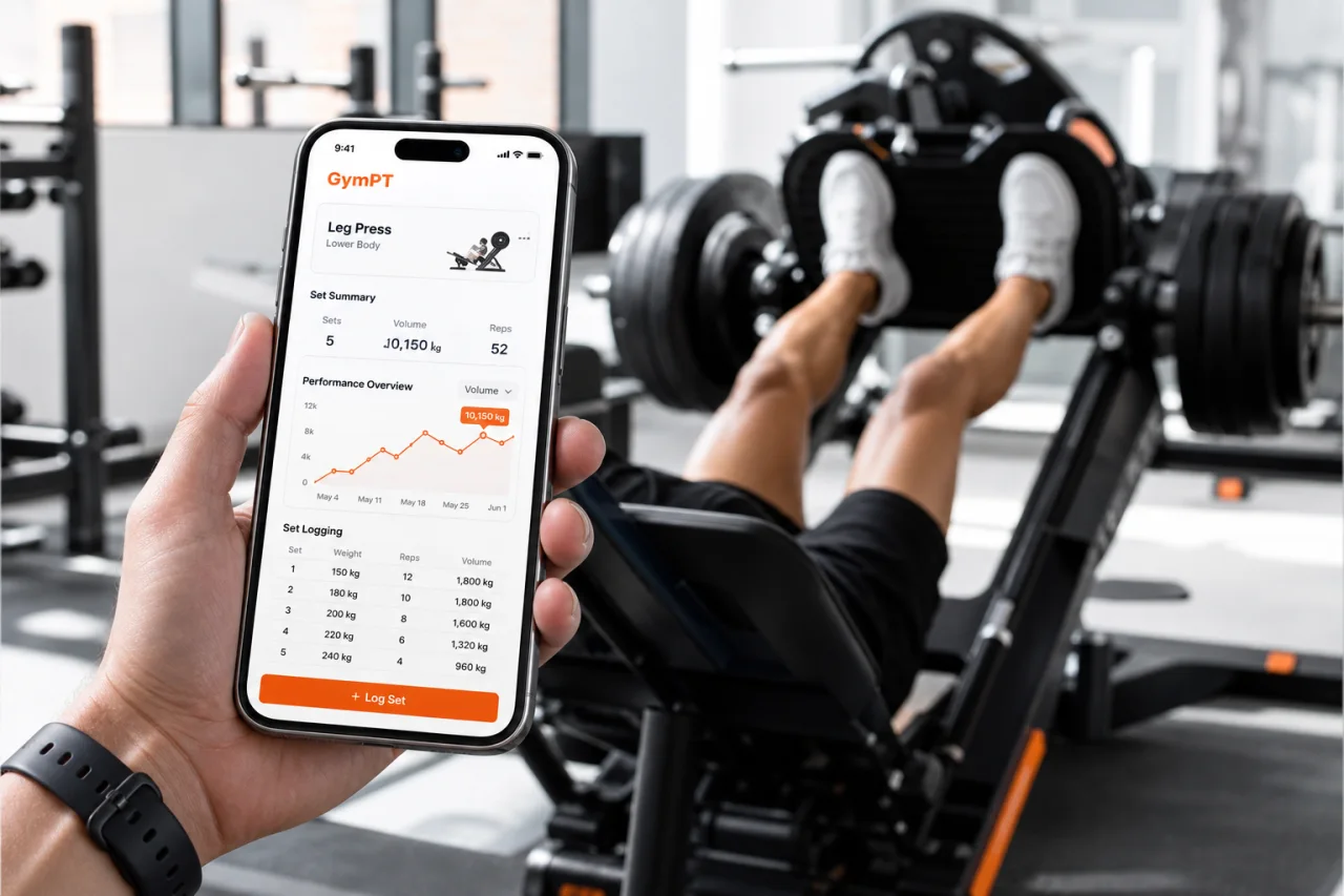 GymPT leg press tracking and progress insights in a premium app visual