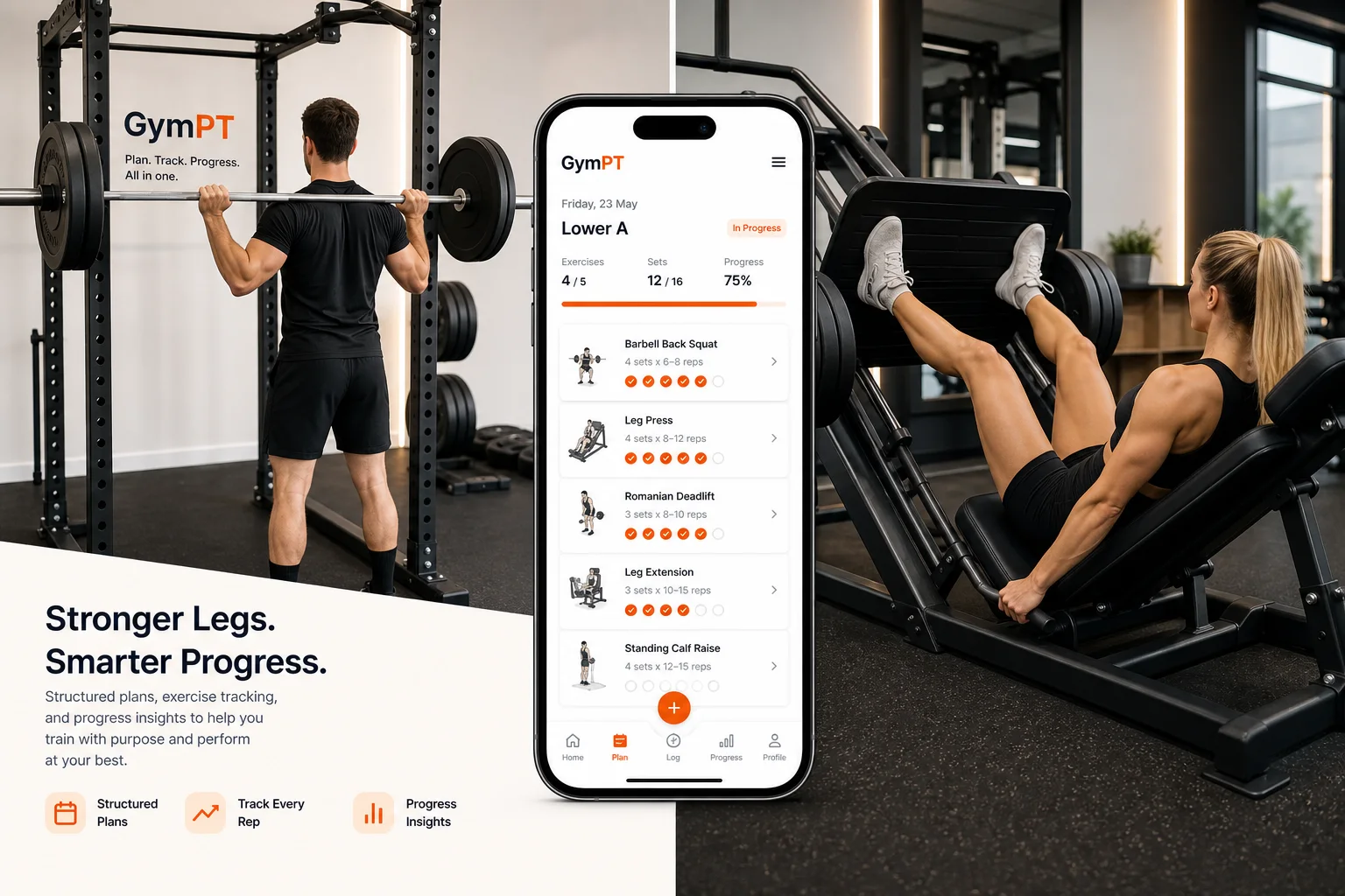 GymPT app comparing squat and leg press in a premium gym scene