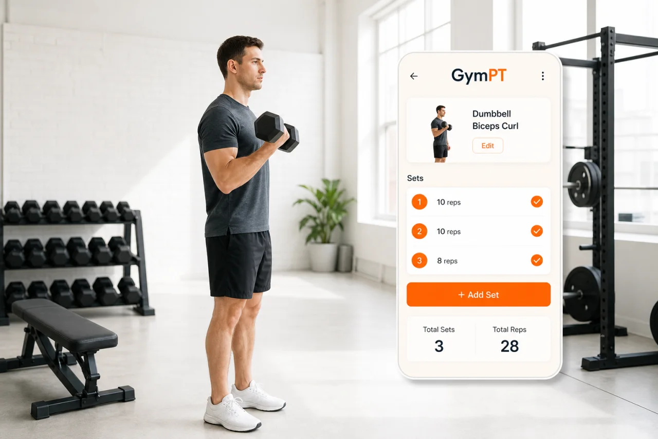 Beginner dumbbell curl form with GymPT app overlay