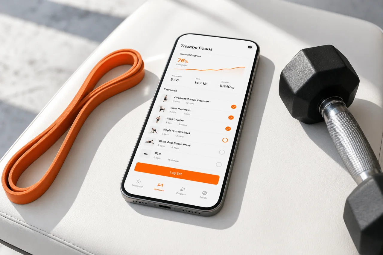 GymPT triceps workout tracking screen with simple equipment