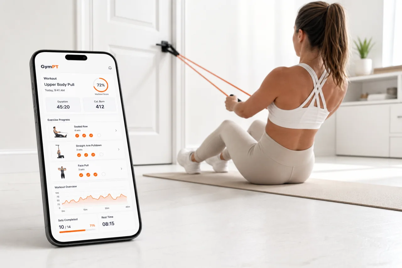 Resistance band workout setup with GymPT app tracking