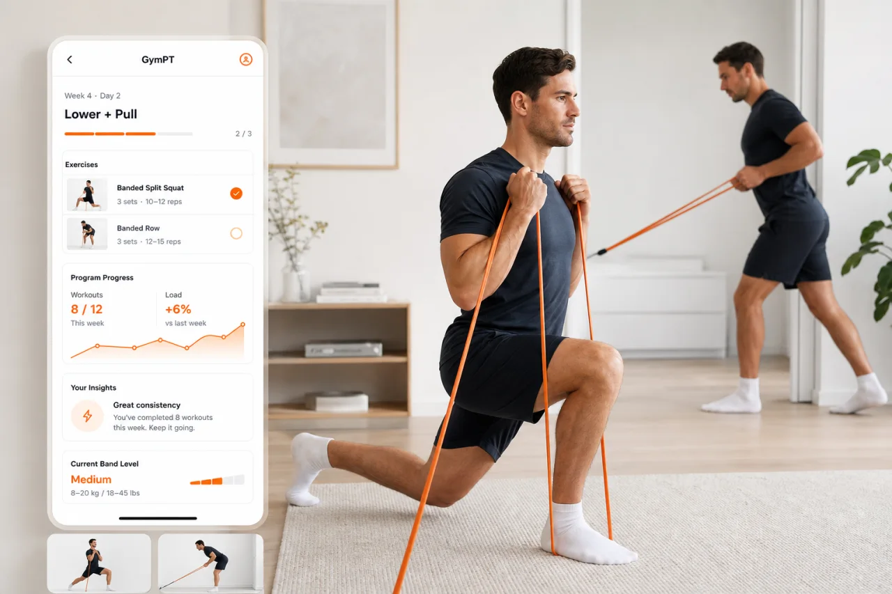 GymPT resistance band progression and workout tracking screen