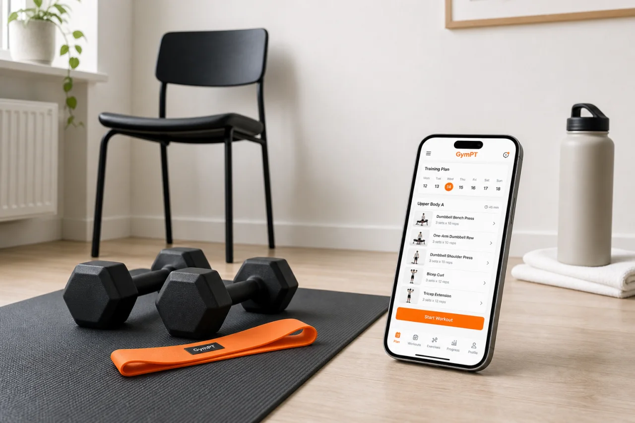Small-space home gym setup with GymPT workout planning on phone