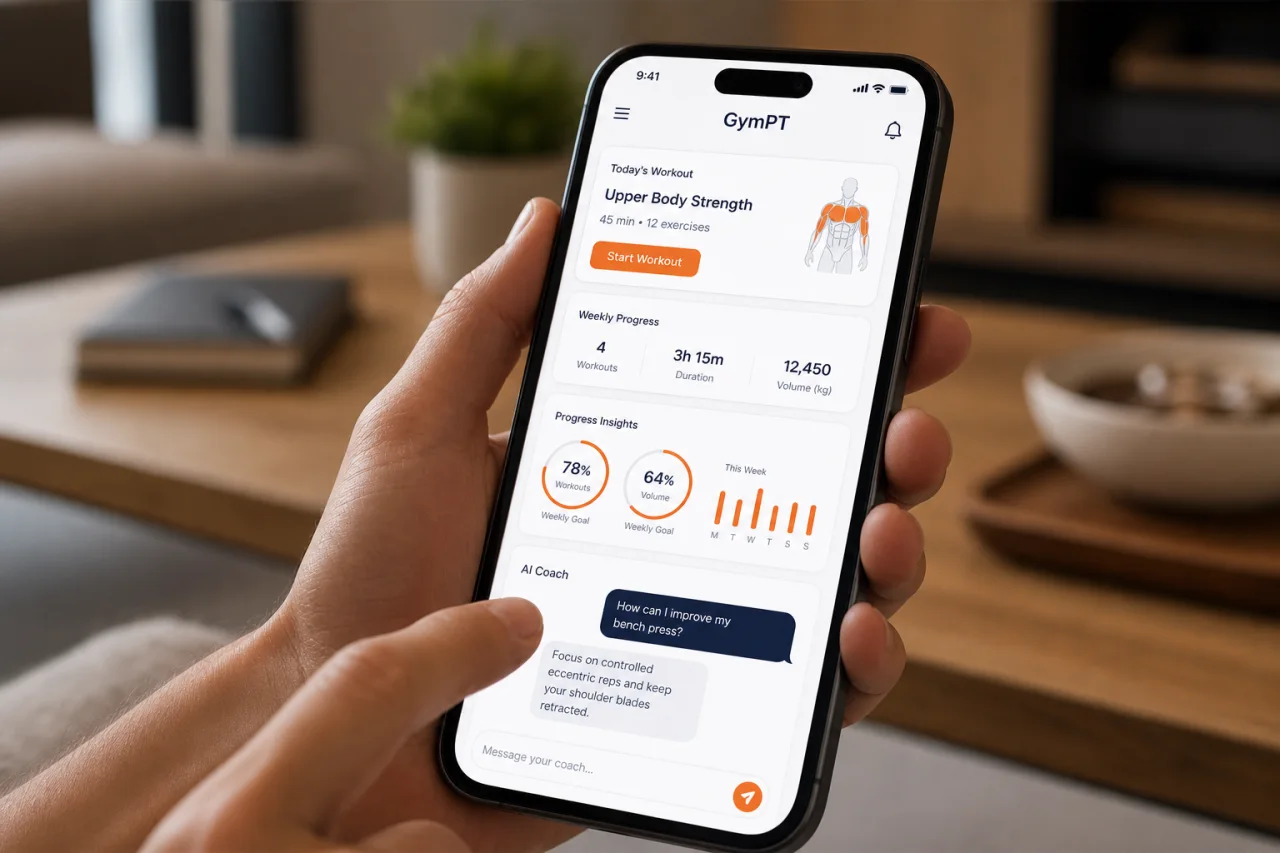 GymPT workout tracking and AI coach chat on a smartphone