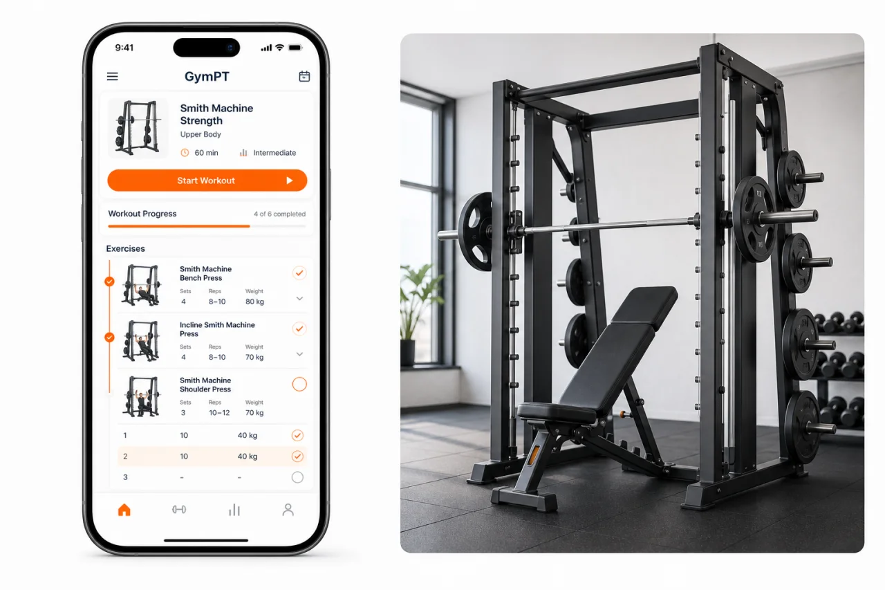 GymPT app showing a beginner Smith machine workout plan