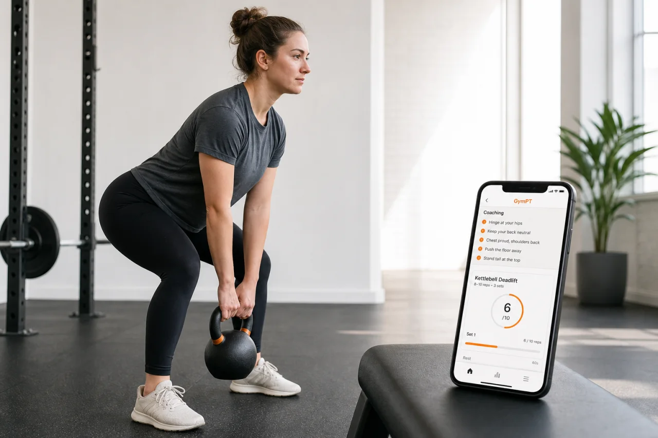 Beginner kettlebell deadlift with GymPT coaching cues on a phone.