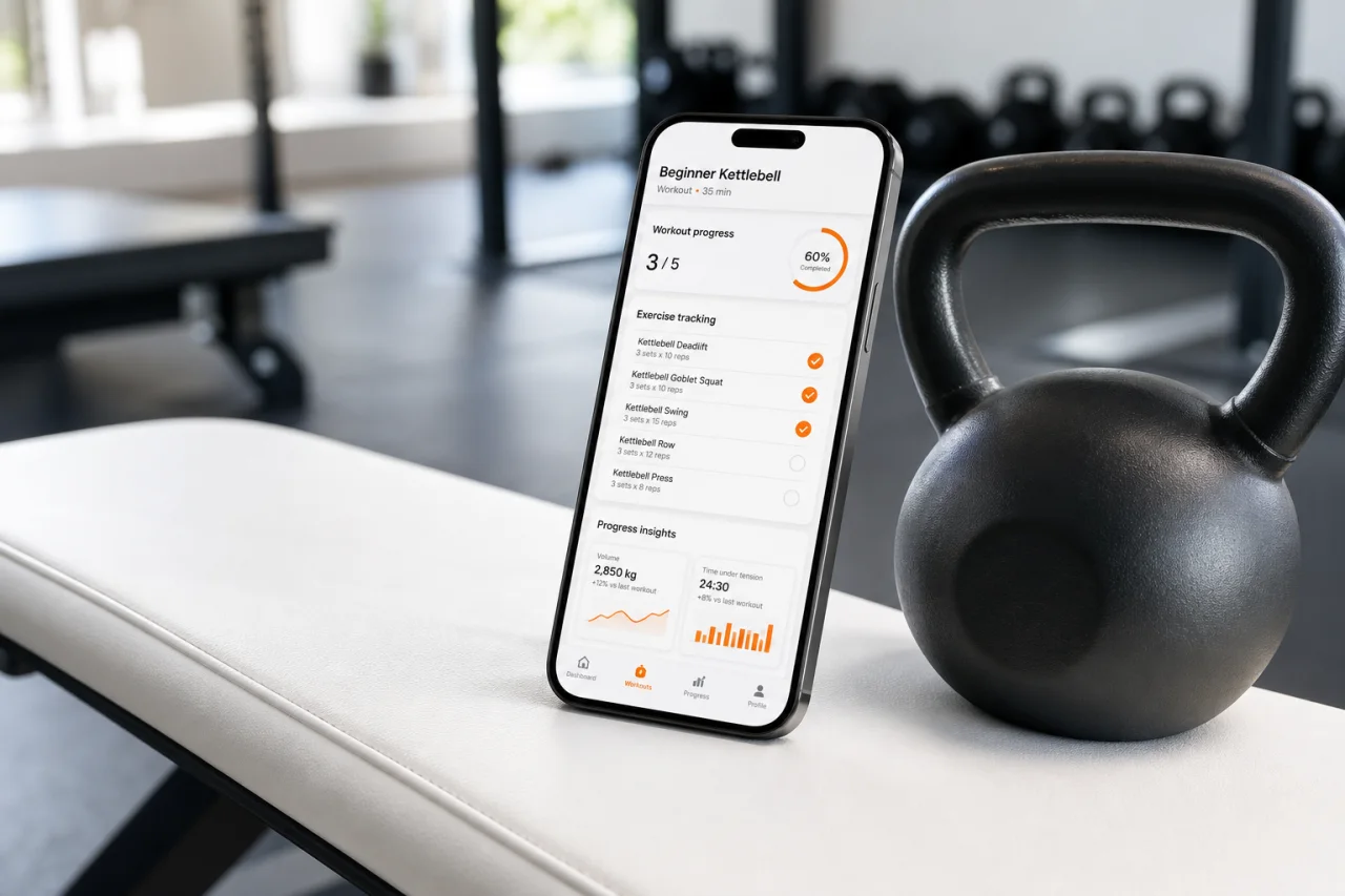 GymPT workout tracking dashboard for a beginner kettlebell session.